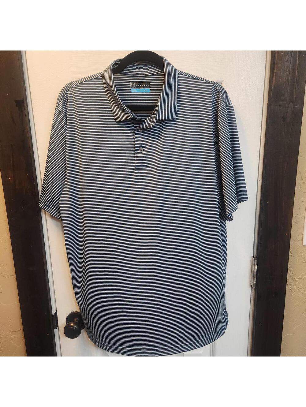 PGA Tour Men's Navy Blue Striped Polo Shirt - Size Large